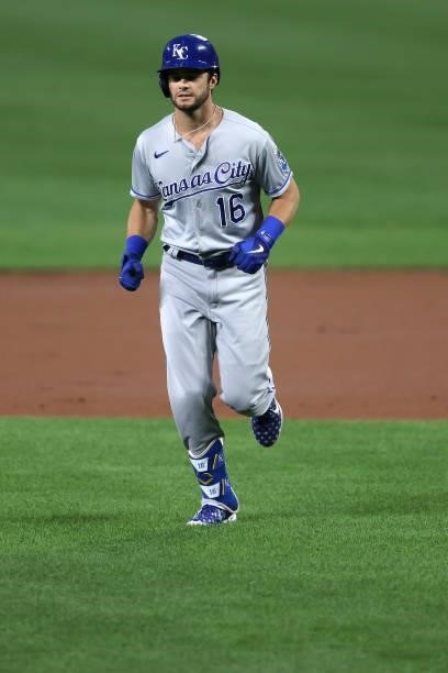 Andrew Benintendi of the Kansas City Royals jogs to the dugout after flying out against the Baltimore Orioles at Oriole Park at Camden Yards on...
