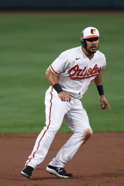 Anthony Santander of the Baltimore Orioles leads off of second base Kansas City Royals at Oriole Park at Camden Yards on September 07, 2021 in...