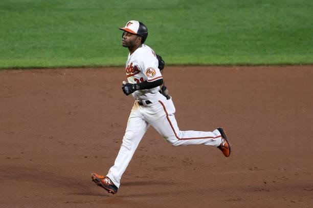 Cedric Mullins of the Baltimore Orioles jogs the bases after hitting a solo home run against the Kansas City Royals in the seventh inning at Oriole...