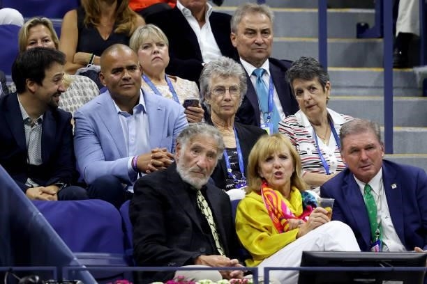 Actor Lin-Manuel Miranda , former tennis player Virginia Wade , actor Judd Hirsch and President of the USTA, Michael McNulty , watch as Barbora...