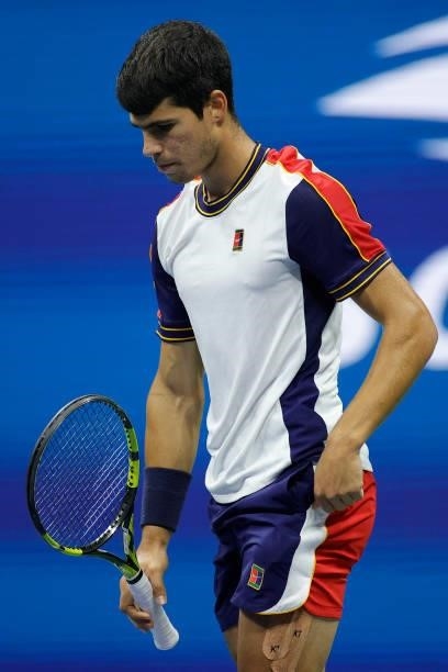 Carlos Alcaraz of Spain looks on as he plays against Felix Auger-Aliassime of Canada during his Men’s Singles quarterfinals match on Day Nine of the...
