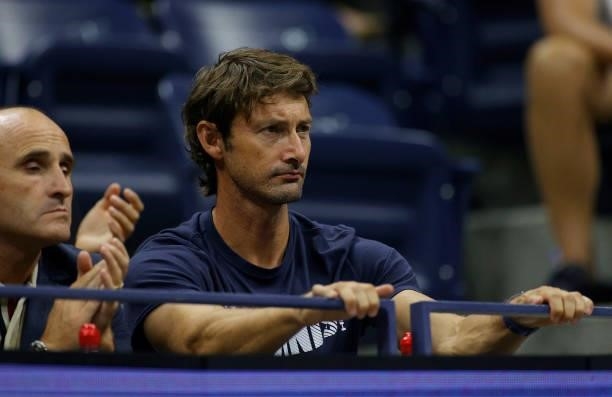 Juan Carlos Ferrero , coach of Carlos Alcaraz of Spain, watches play against Felix Auger-Aliassime of Canada during their Men’s Singles quarterfinals...