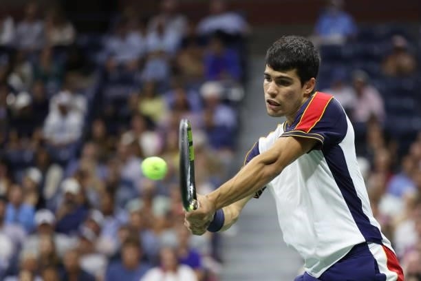Carlos Alcaraz of Spain returns against Felix Auger-Aliassime of Canada during his Men’s Singles quarterfinals match on Day Nine of the 2021 US Open...