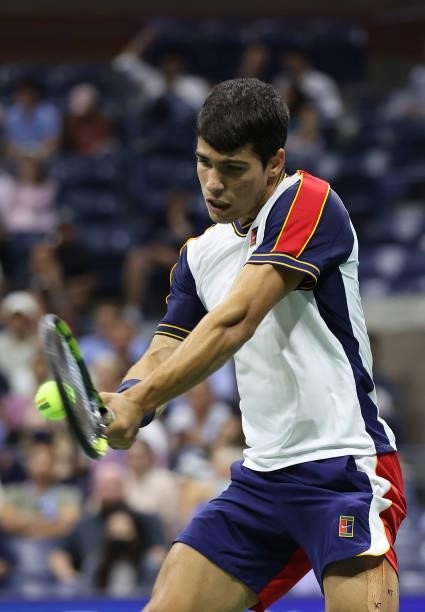 Carlos Alcaraz of Spain returns against Felix Auger-Aliassime of Canada during his Men’s Singles quarterfinals match on Day Nine of the 2021 US Open...