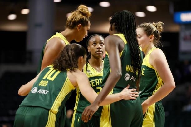 The Seattle Storm gather during the third quarter against the Washington Mystics at Angel of the Winds Arena on September 07, 2021 in Everett,...