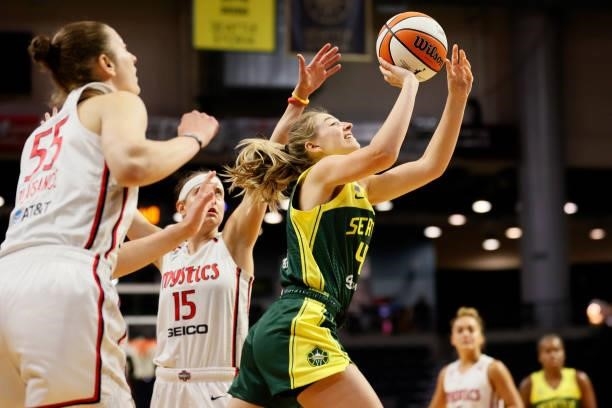 Karlie Samuelson of the Seattle Storm shoots against the Washington Mystics during the fourth quarter at Angel of the Winds Arena on September 07,...