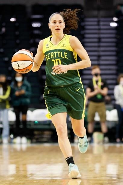 Sue Bird of the Seattle Storm carries the ball during the third quarter against the Washington Mystics at Angel of the Winds Arena on September 07,...