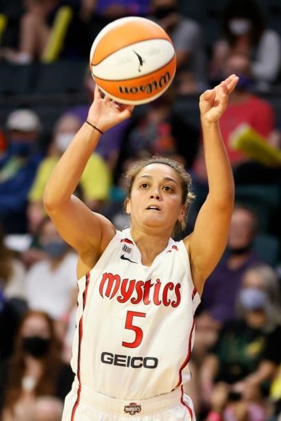 Leilani Mitchell of the Washington Mystics shoots against the Seattle Storm during the second quarter at Angel of the Winds Arena on September 07,...