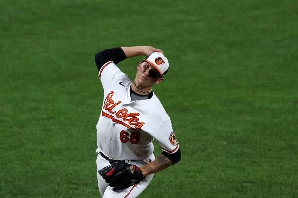 Tyler Wells of the Baltimore Orioles throws to a Kansas City Royals batter in the ninth inning at Oriole Park at Camden Yards on September 07, 2021...