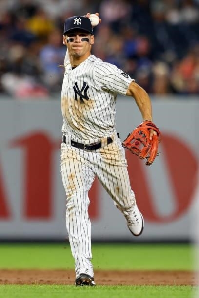 Andrew Velazquez of the New York Yankees in action against the Toronto Blue Jays during a game at Yankee Stadium on September 7, 2021 in New York...