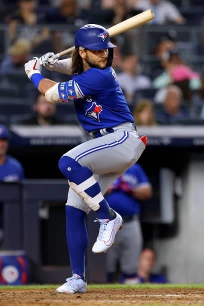 Bo Bichette of the Toronto Blue Jays in action during a game against the New York Yankees at Yankee Stadium on September 7, 2021 in New York City.