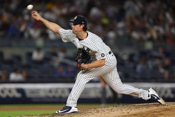 Gerrit Cole of the New York Yankees in action against the Toronto Blue Jays during a game at Yankee Stadium on September 7, 2021 in New York City.