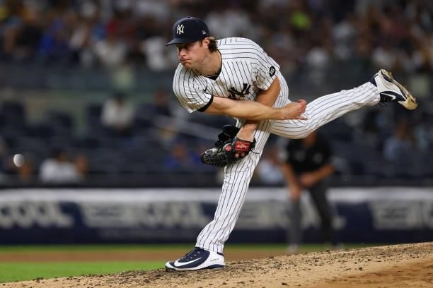 Gerrit Cole of the New York Yankees in action against the Toronto Blue Jays during a game at Yankee Stadium on September 7, 2021 in New York City.
