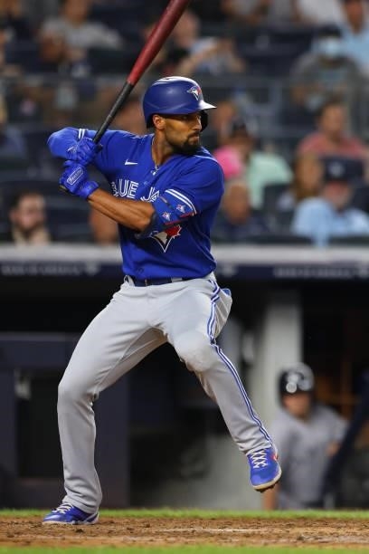 Teoscar Hernandez of the Toronto Blue Jays in action during a game against the New York Yankees at Yankee Stadium on September 7, 2021 in New York...