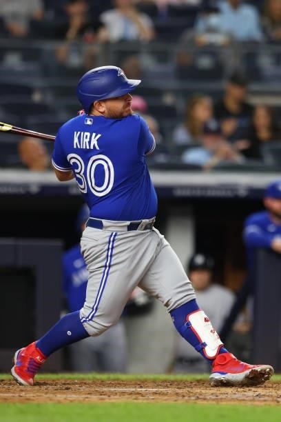 Alejandro Kirk of the Toronto Blue Jays in action during a game against the New York Yankees at Yankee Stadium on September 7, 2021 in New York City.