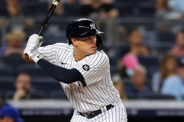 Gio Urshela of the New York Yankees in action against the Toronto Blue Jays during a game at Yankee Stadium on September 7, 2021 in New York City.