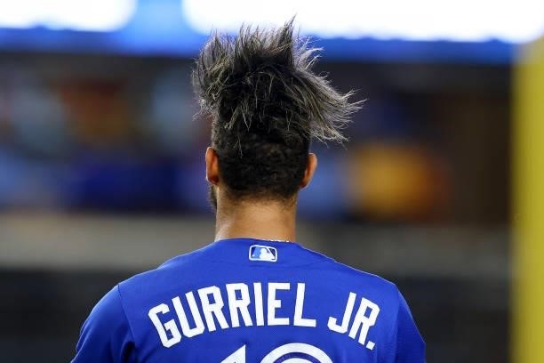 Lourdes Gurriel Jr. #13 of the Toronto Blue Jays in action during a game against the New York Yankees at Yankee Stadium on September 7, 2021 in New...