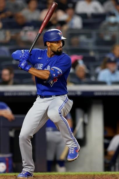 Marcus Semien of the Toronto Blue Jays in action during a game against the New York Yankees at Yankee Stadium on September 7, 2021 in New York City.