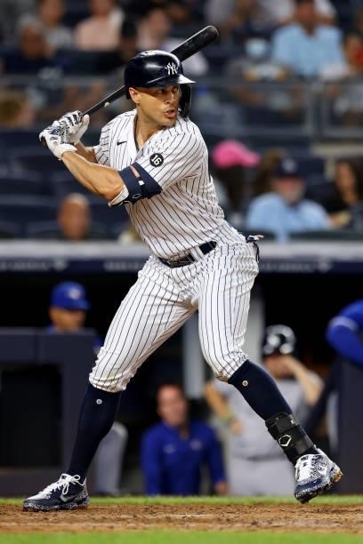 Giancarlo Stanton of the New York Yankees in action against the Toronto Blue Jays during a game at Yankee Stadium on September 7, 2021 in New York...
