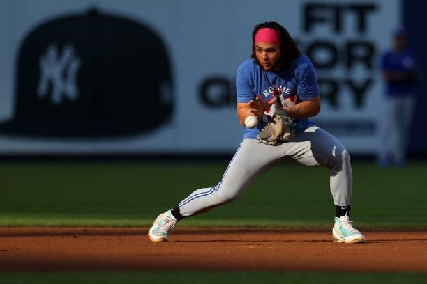 Bo Bichette of the Toronto Blue Jays warms up before a game against the New York Yankees at Yankee Stadium on September 7, 2021 in New York City.