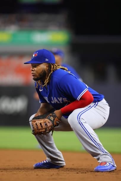 Vladimir Guerrero Jr. #27 of the Toronto Blue Jays in action during a game against the New York Yankees at Yankee Stadium on September 7, 2021 in New...