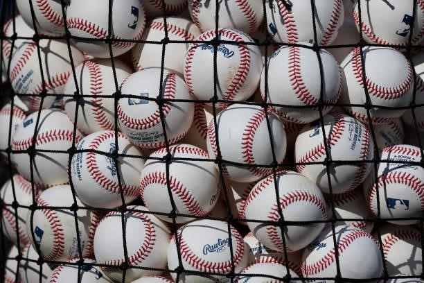Basket of baseballs during batting practice before a game between the Toronto Blue Jays and New York Yankees at Yankee Stadium on September 7, 2021...