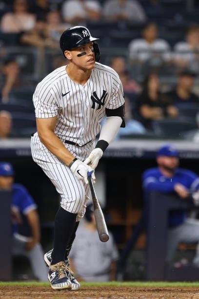Aaron Judge of the New York Yankees in action against the Toronto Blue Jays during a game at Yankee Stadium on September 7, 2021 in New York City.