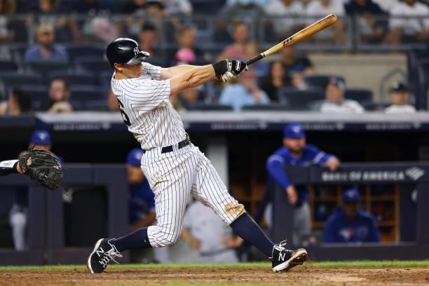 LeMahieu of the New York Yankees in action against the Toronto Blue Jays during a game at Yankee Stadium on September 7, 2021 in New York City.