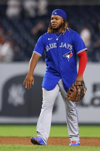 Vladimir Guerrero Jr. #27 of the Toronto Blue Jays in action during a game against the New York Yankees at Yankee Stadium on September 7, 2021 in New...