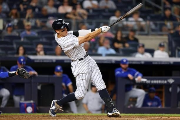 Aaron Judge of the New York Yankees in action against the Toronto Blue Jays during a game at Yankee Stadium on September 7, 2021 in New York City.