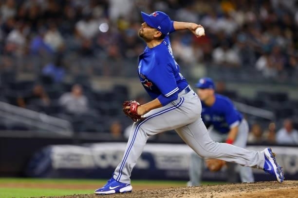 Joakim Soria of the Toronto Blue Jays in action during a game against the New York Yankees at Yankee Stadium on September 7, 2021 in New York City.