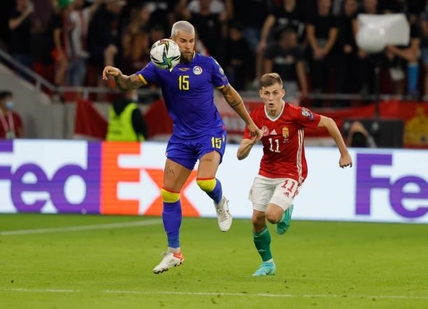 Szabolcs Schon of Hungary chases Moises San Nicolas of Andorra during the FIFA World Cup 2022 Qatar qualifying match between Hungary and Andorra at...