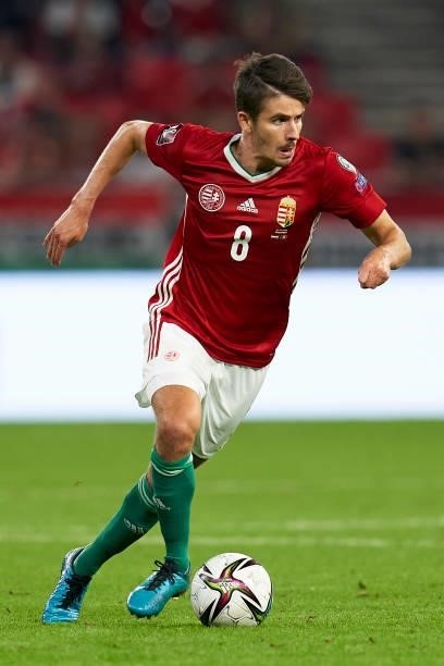 Adam Nagy of Hungary runs with the ball during the 2022 FIFA World Cup Qualifier match between Hungary and Andorra at Puskas Arena on September 08,...