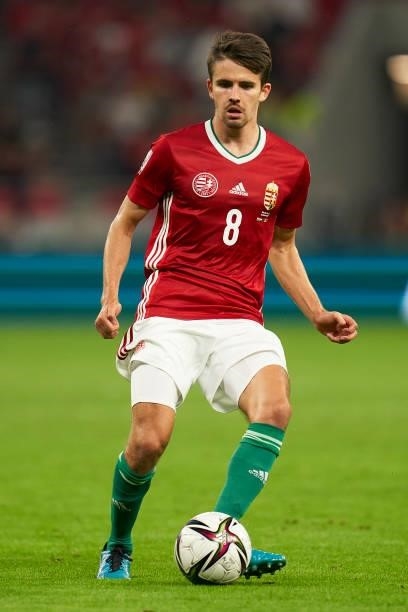 Adam Nagy of Hungary passes the ball during the 2022 FIFA World Cup Qualifier match between Hungary and Andorra at Puskas Arena on September 08, 2021...
