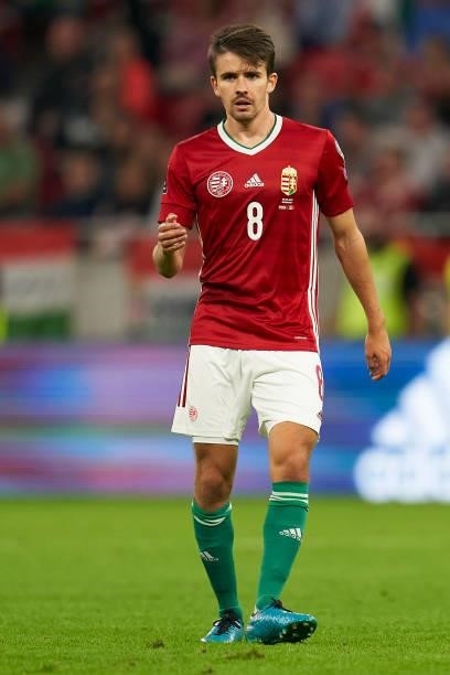 Adam Nagy of Hungary looks on during the 2022 FIFA World Cup Qualifier match between Hungary and Andorra at Puskas Arena on September 08, 2021 in...