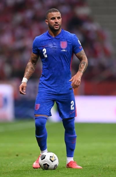 Kyle Walker of England runs with the ball during the 2022 FIFA World Cup Qualifier match between Poland and England at Stadion Narodowy on September...