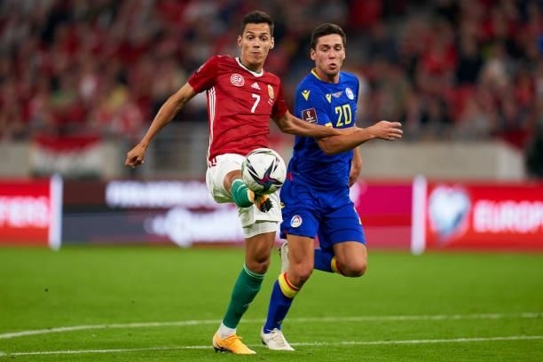 Loic Nego of Hungary competes for the ball with Max Llovera of Andorra during the 2022 FIFA World Cup Qualifier match between Hungary and Andorra at...
