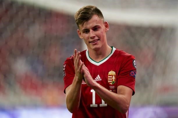 Szabolcs Schon of Hungary acknowledge the crowd during the 2022 FIFA World Cup Qualifier match between Hungary and Andorra at Puskas Arena on...