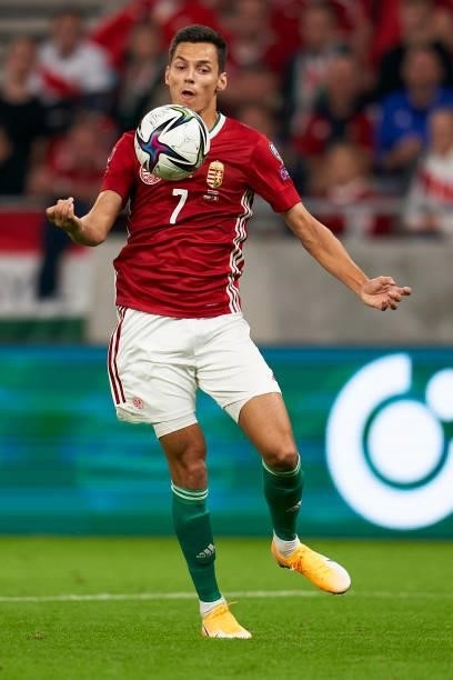Loic Nego of Hungary controls the ball during the 2022 FIFA World Cup Qualifier match between Hungary and Andorra at Puskas Arena on September 08,...