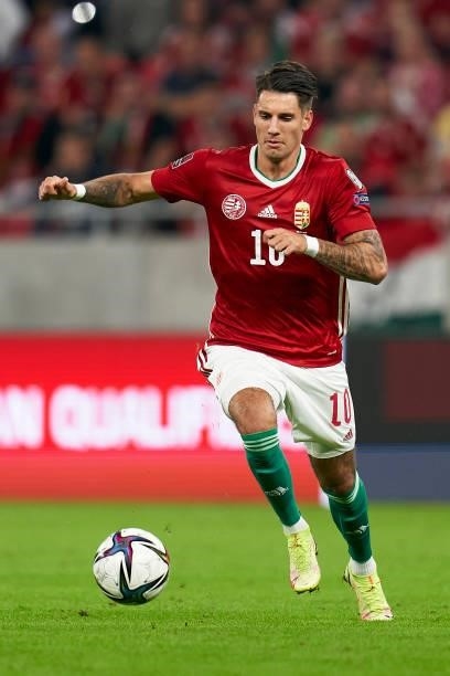 Tamas Cseri of Hungary runs with the ball during the 2022 FIFA World Cup Qualifier match between Hungary and Andorra at Puskas Arena on September 08,...