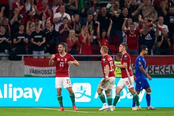Endre Botka of Hungary celebrates after scoring his team's second goal during the 2022 FIFA World Cup Qualifier match between Hungary and Andorra at...