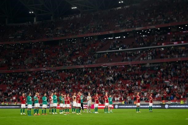 Players of Hungary acknowledge the crowd at the end of the 2022 FIFA World Cup Qualifier match between Hungary and Andorra at Puskas Arena on...