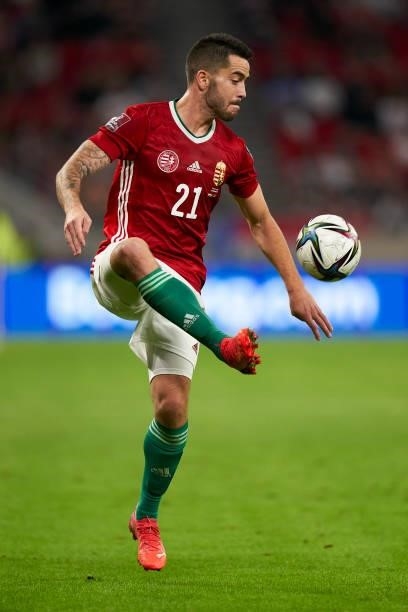 Endre Botka of Hungary controls the ball during the 2022 FIFA World Cup Qualifier match between Hungary and Andorra at Puskas Arena on September 08,...