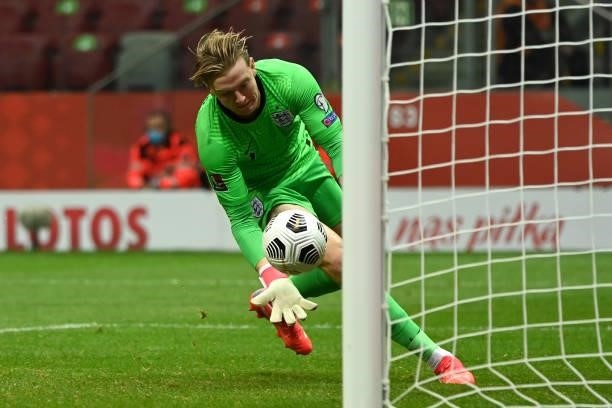 Jordan Pickford of England in action during the 2022 FIFA World Cup Qualifier match between Poland and England at Stadion Narodowy on September 08,...