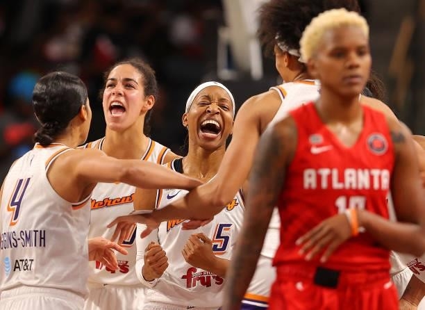 Shey Peddy of the Phoenix Mercury reacts with teammates after their 76-75 win over the Atlanta Dream at Gateway Center Arena on September 08, 2021 in...