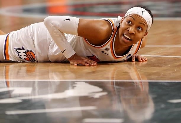 Shey Peddy of the Phoenix Mercury reacts as she is fouled attempting a three-point basket in the final seconds against the Atlanta Dream during the...