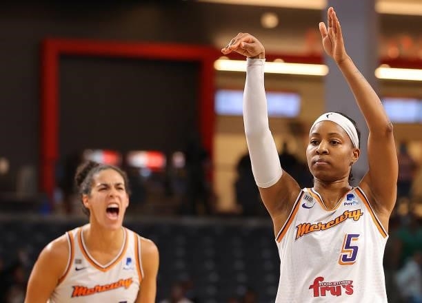 Shey Peddy of the Phoenix Mercury looks on after hitting the go-ahead basket on her third free throw in the final seconds of their 76-75 win over the...