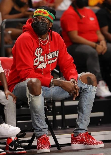 Rapper 2 Chainz looks on during the first half of the game between the Atlanta Dream and the Phoenix Mercury at Gateway Center Arena on September 08,...