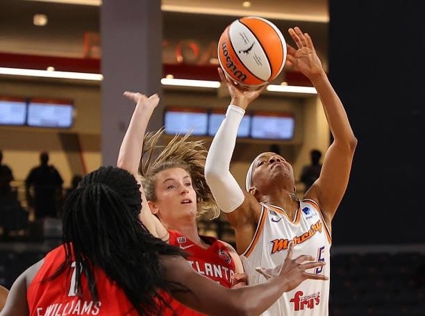 Shey Peddy of the Phoenix Mercury draws a foul from Blake Dietrick of the Atlanta Dream during the second half at Gateway Center Arena on September...