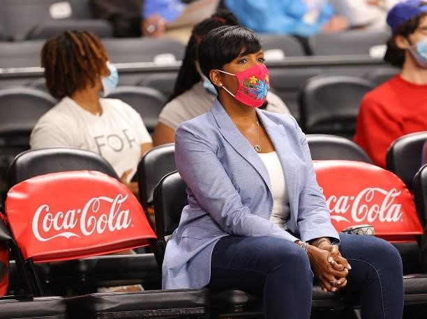 Atlanta Mayor Keisha Lance Bottoms watches the game against the Phoenix Mercury during the first half at Gateway Center Arena on September 08, 2021...